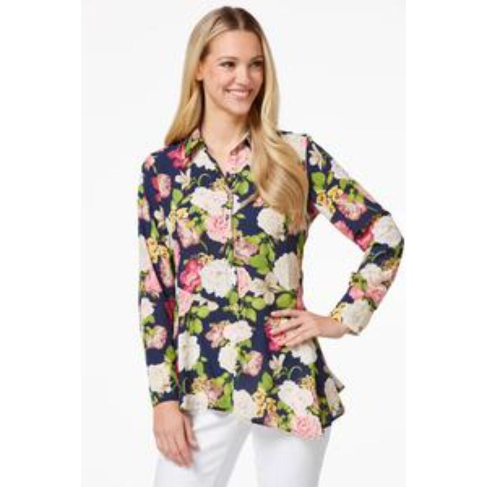 CATO Petite Ruffled Rose Print Tunic Assymetrical Flowy Modern SZ LP:NWT